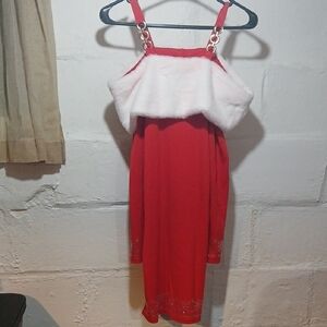Chic Red Dress with White Fur Accent